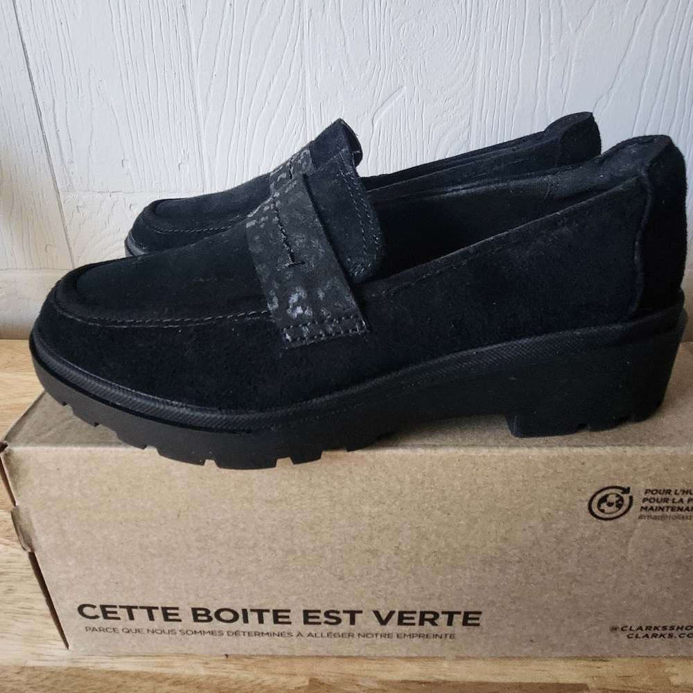 Clarks Calla Ease Black Suede Loafers